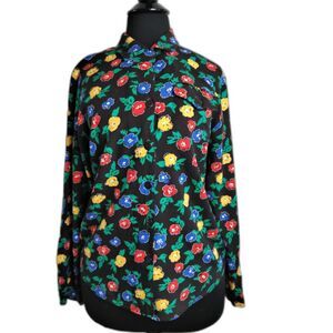 Prophecy Black Colorful Floral Prints 100% Rayon Button Up Shirt Sz10